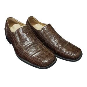 Italic Men's Brown Leather Slip On Side Stretch Square Toe Loafers Dress Shoes